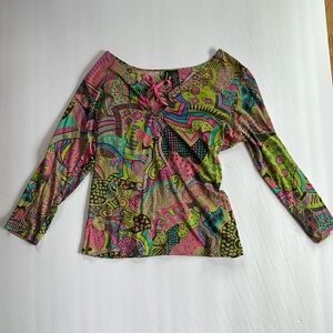 Keyhole blouse by Lynn Ritchie beautiful vibrant colors subdued. M pink tie top